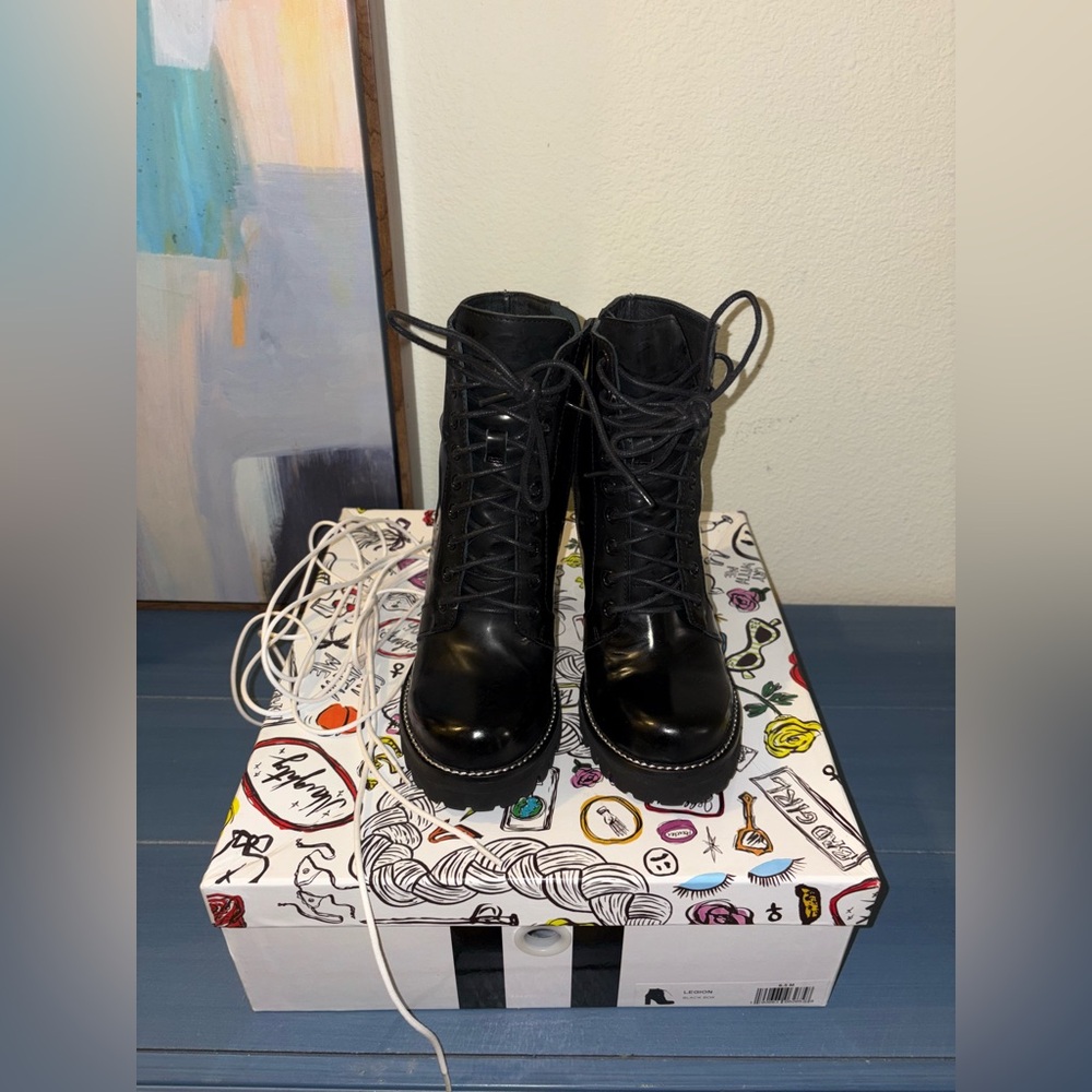 Jeffrey Campbell Black Combat Boots with Graffiti Design